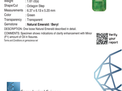 Zambian Emerald 1.61ct Natural Certified Medium Green Octagon Cut Loose Gemstone