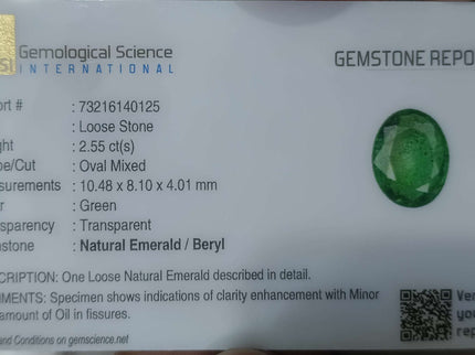 Zambian Emerald 2.55ct Certified Medium Light Green Oval Cut Gemstone