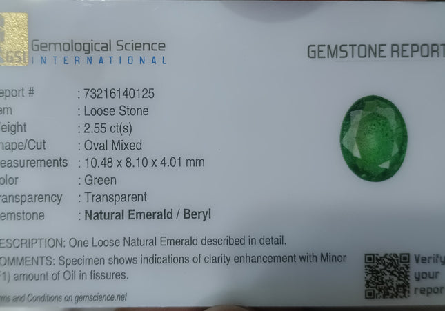 GSI Certified 2.55ct Medium Light Green Natural Zambian Emerald Minor Oiled Loose Gemstone
