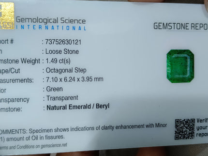 Zambian Emerald 1.49ct Deep Green Emerald Octagon Cut Loose Gemstone