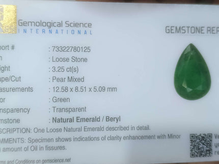 3.25ct Zambian Emerald, Certified Natural Velvet Green Pear Cut Loose Stone