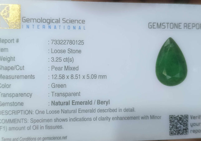 3.25ct GSI USA Certified Velvet Green Zambian Emerald Minor Oiled Loose Gemstone