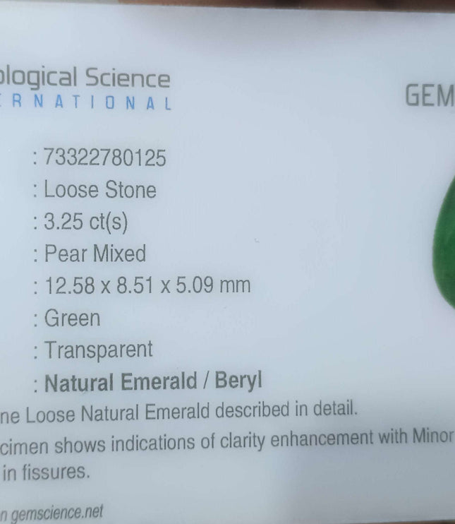 3.25ct Zambian Emerald, Certified Natural Velvet Green Pear Cut Loose Stone