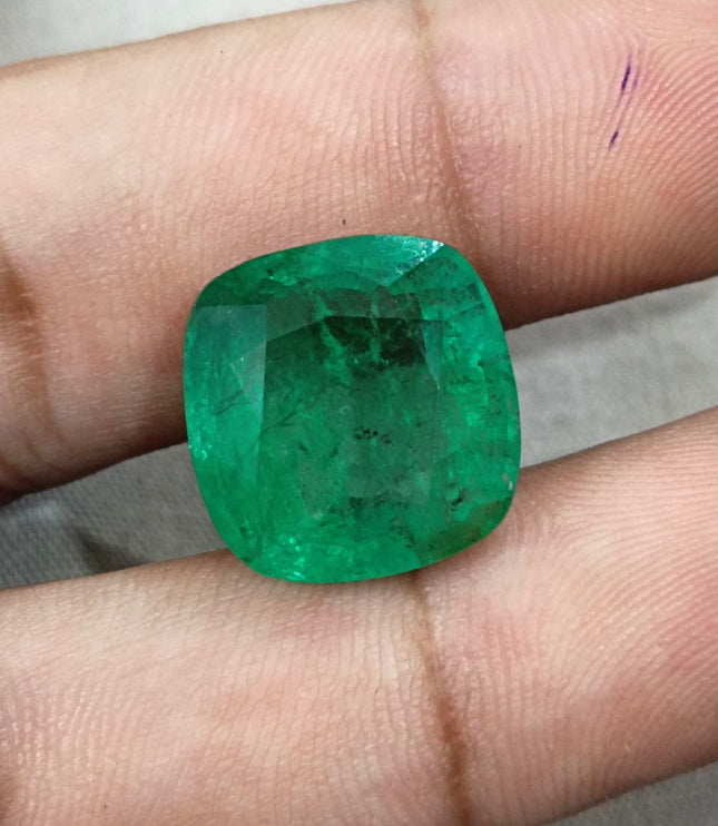 Natural Emerald 14.42ct Certified Medium Deep Bright Green Cushion Cut Gemstone