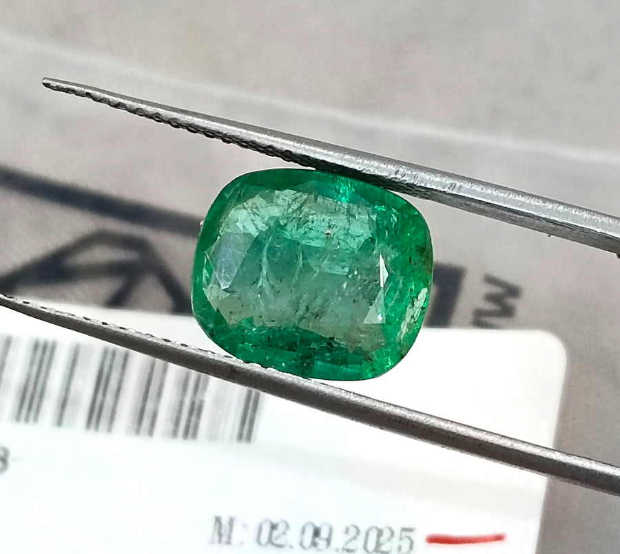 3.61ct Swat Emerald, Certified Natural Medium Deep Green Cushion Cut Gemstone