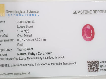 GSI Certified 1.54ct Mozambique Ruby, Natural Untreated Gemstone