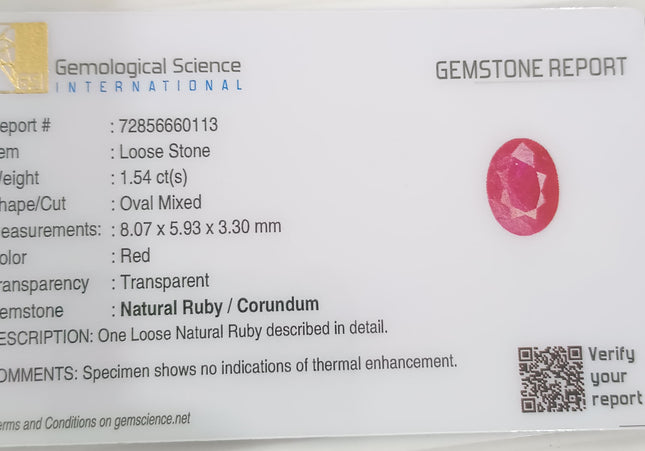GSI Certified 1.54ct Mozambique Ruby, Natural Untreated Gemstone
