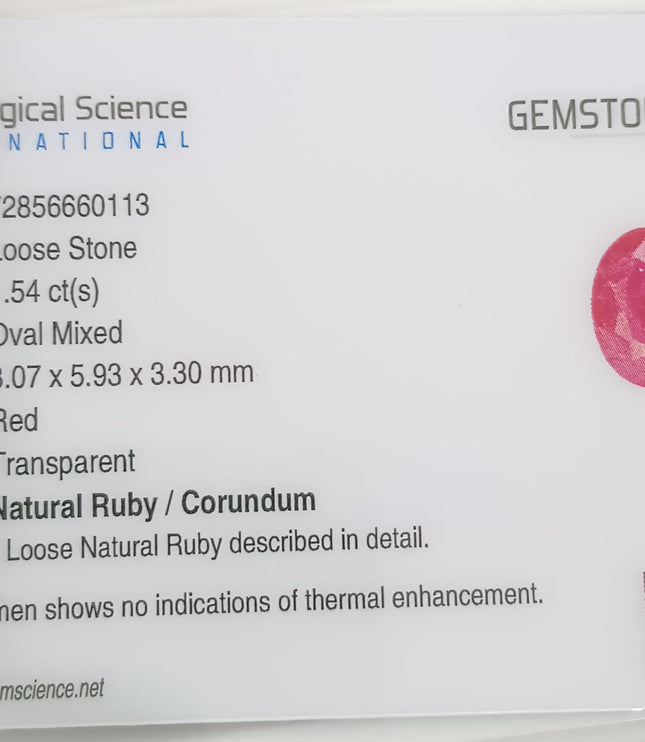 GSI Certified 1.54ct Mozambique Ruby, Natural Untreated Gemstone