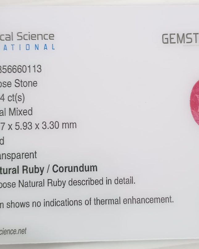 GSI Certified 1.54ct Mozambique Ruby, Natural Untreated Gemstone