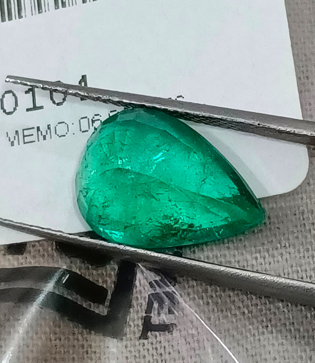 3.96ct Colombian Color Emerald Natural GSI Certified Medium Green Pear Cut Gemstone