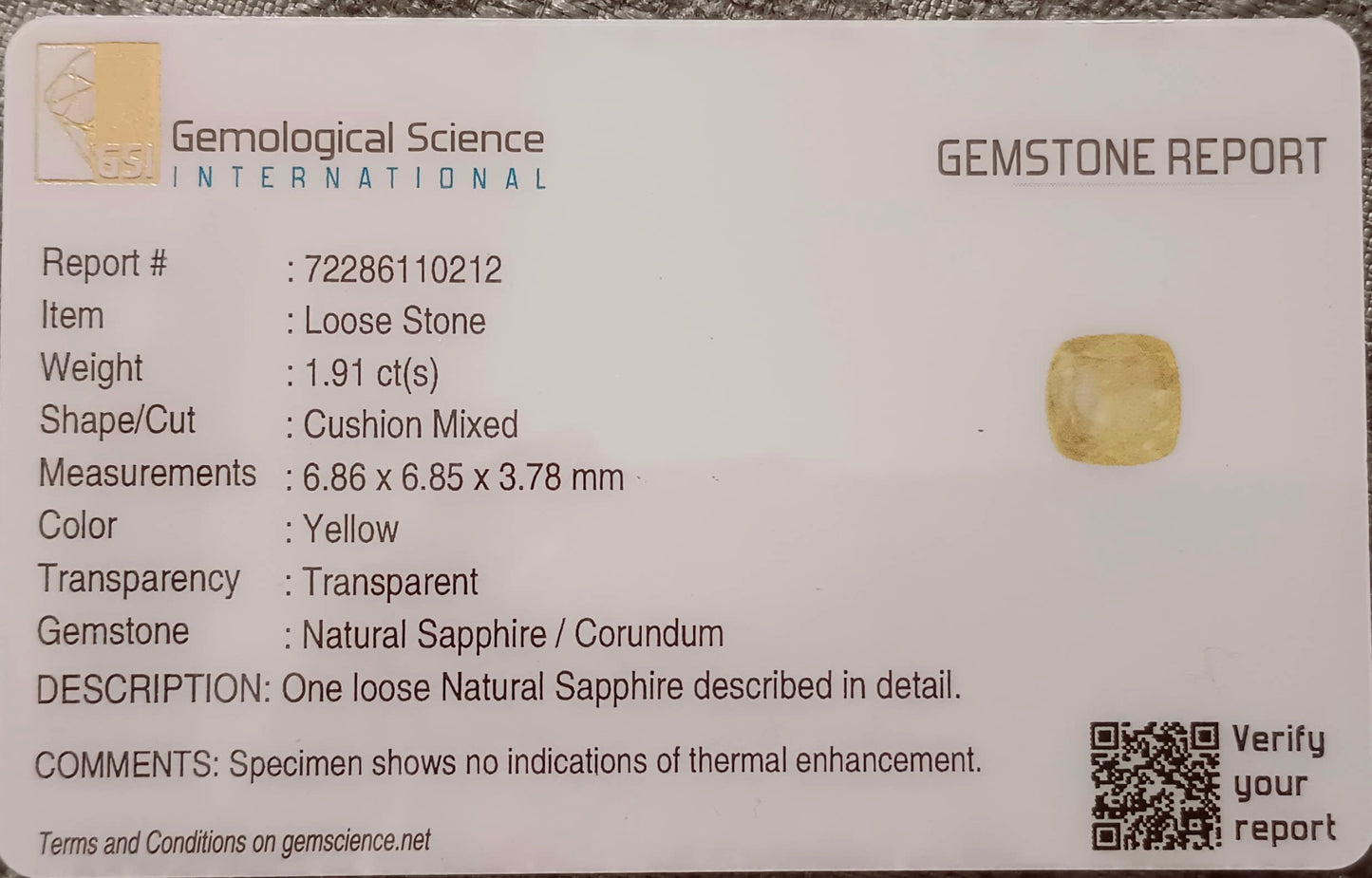 GSI Certified 1.93ct Cushion Cut Yellow Ceylon Sapphire, 100% Natural Untreated Gemstone