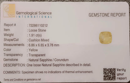 GSI Certified 1.93ct Cushion Cut Yellow Ceylon Sapphire, 100% Natural Untreated Gemstone