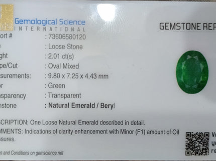 2.01ct Zambian Emerald, Certified Natural Medium Deep Green Oval Cut Loose Gemstone
