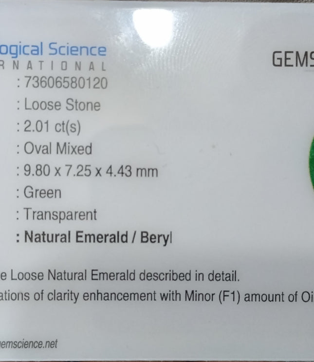 2.01ct Zambian Emerald, Certified Natural Medium Deep Green Oval Cut Loose Gemstone