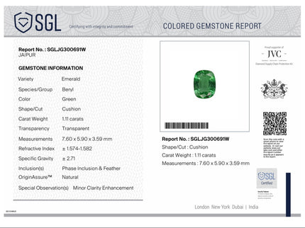 Natural Emerald 1.14ct Medium Vivid Electric Green SGL Certificate Cushion Cut Minor Oiled Gemstone