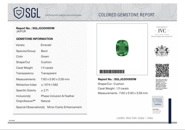 Natural Emerald 1.14ct Medium Vivid Electric Green SGL Certificate Cushion Cut Minor Oiled Gemstone