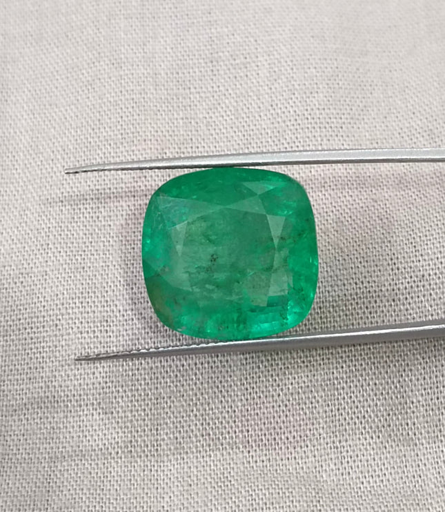 Natural Emerald 14.42ct Certified Medium Deep Bright Green Cushion Cut Gemstone