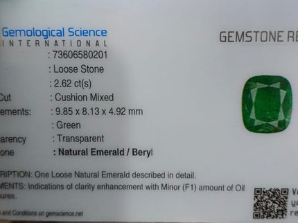 Zambian Emerald 2.62ct Certified Natural Deep Vibrant Green Cushion Cut Loose Gemstone