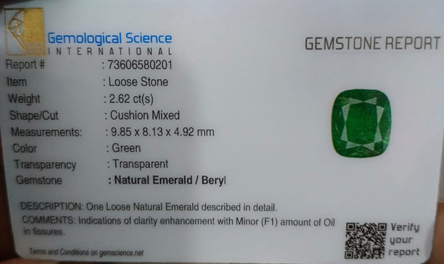 Zambian Emerald 2.62ct Certified Natural Deep Vibrant Green Cushion Cut Loose Gemstone