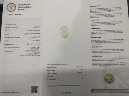 Padparadscha Sapphire 2.16ct IGI Certified Natural Orangy Pink Unheated Loose Gemstone