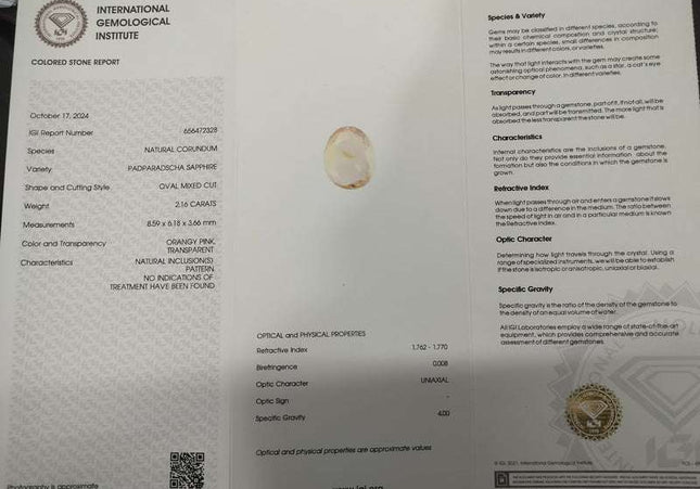 2.16ct Padparadscha Sapphire IGI Certified Untreated Loose Gemstone