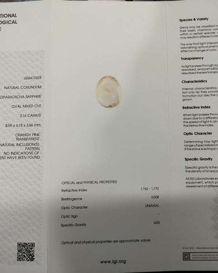 2.16ct Padparadscha Sapphire IGI Certified Untreated Loose Gemstone
