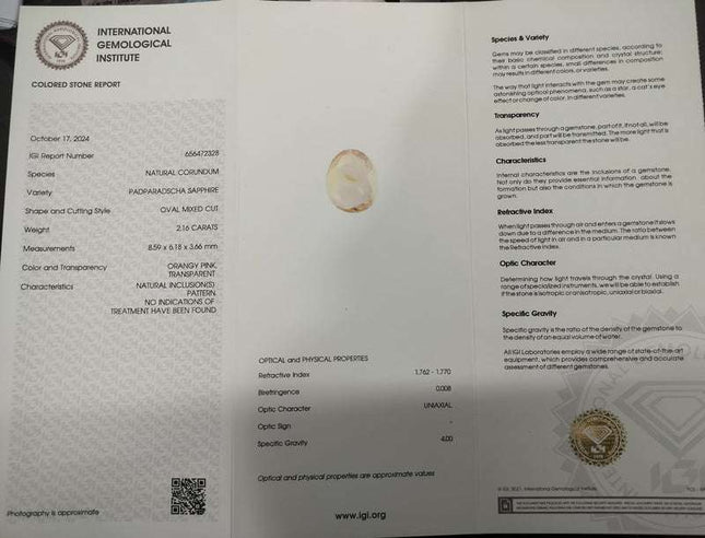 Padparadscha Sapphire 2.16ct IGI Certified Natural Orangy Pink Unheated Loose Gemstone