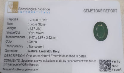 GSI Certified 1.67ct Deep Glass Green Emerald , 100% Natural Earth Mined Gemstone