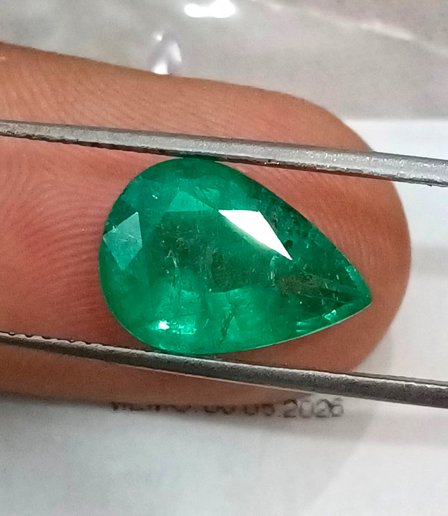 3.96ct Colombian Color Emerald Natural GSI Certified Medium Green Pear Cut Gemstone
