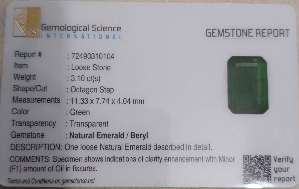 GSI Certified 3.10ct Velvet Green Emerald, 100% Natural Gemstone