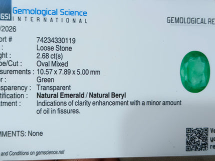 2.68ct Natural Emerald GSI Certified Medium Green Oval Cut Stone
