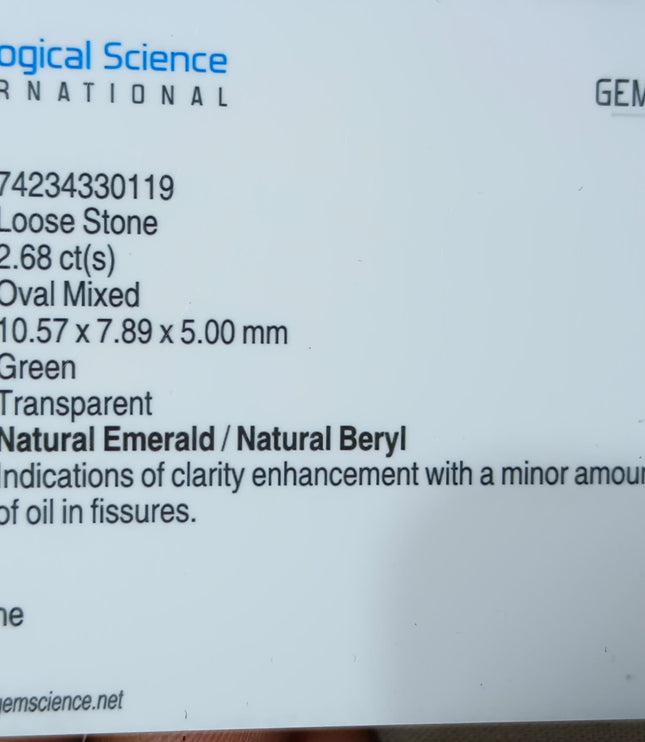2.68ct Natural Emerald GSI Certified Medium Green Oval Cut Stone