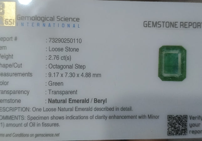 GSI certified 2.76ct Deep metal Green Zambian Emerald Minor Oiled Loose Gemstone