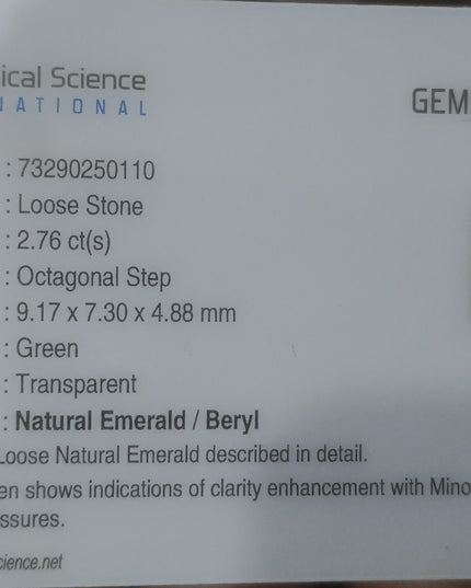 GSI certified 2.76ct Deep metal Green Zambian Emerald Minor Oiled Loose Gemstone