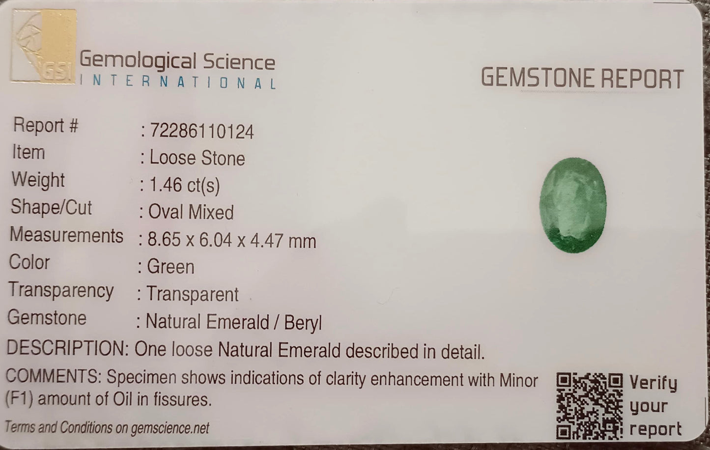 GSI Certified 1.46ct Medium Vivid Green Zambian Emerald , 100% Natural Earth Mined Gemstone