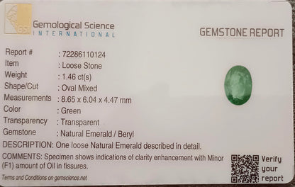 GSI Certified 1.46ct Medium Vivid Green Zambian Emerald , 100% Natural Earth Mined Gemstone