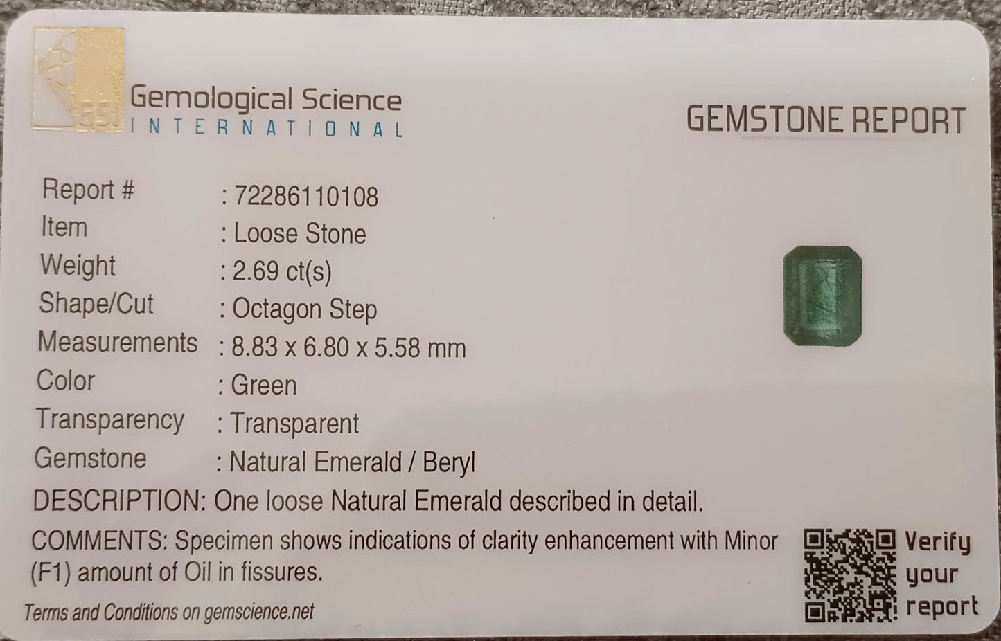 GSI Certified 2.69ct Zambian Emerald, 100% Natural Earth Mined Gemstone