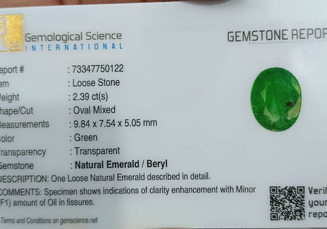 GSI Certified 2.39ct Medium Green Swat Emerald Minor Oiled Loose Gemstone