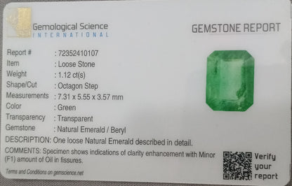 GSI Certified 1.12ct Colombian Emerald, 100% Natural Earth Mined Gemstone