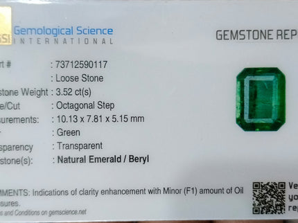Zambian Emerald 3.52ct Certified Natural Bright Metal Green Octagon Cut Gemstone