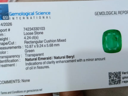 4.24ct Natural Emerald GSI Certified Medium Deep Green Cushion Cut Stone