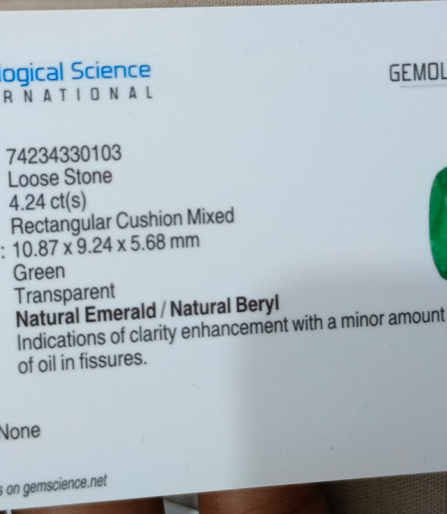 4.24ct Natural Emerald GSI Certified Medium Deep Green Cushion Cut Stone