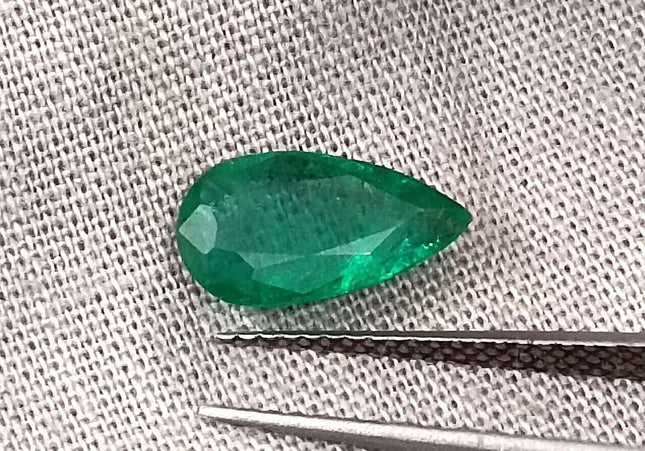 GSI Certified 1.33ct Deep Green Pear Cut Zambian Emerald Minor Oiled Loose Gemstone