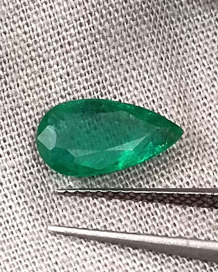 GSI Certified 1.33ct Deep Green Pear Cut Zambian Emerald Minor Oiled Loose Gemstone