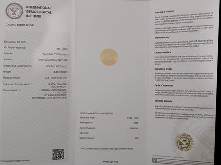 Padparadscha Sapphire 4.48ct IGI Certified Natural Unheated Pinkish Orange Loose Gemstone