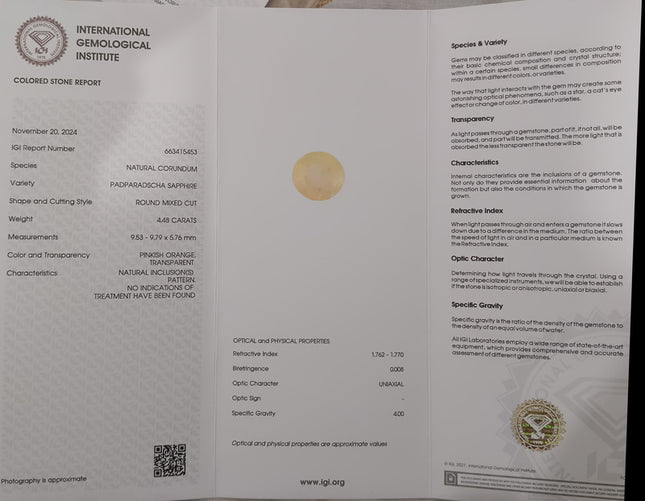 Padparadscha Sapphire 4.48ct IGI Certified Natural Unheated Pinkish Orange Loose Gemstone