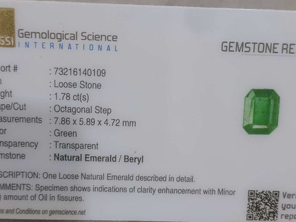 Swat Emerald 1.78ct Certified Natural Vivid Golden Green Gemstone