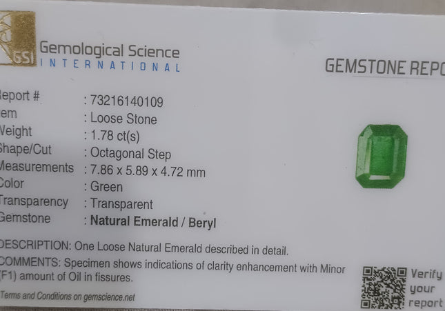 GSI Certified Vivid Golden Green Natural Swat Emerald Minor Oiled Loose Gemstone