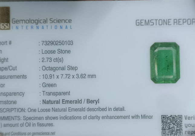 2.73ct GSI USA Certified Medium Deep Green Spring Green Zambian Emerald Minor Oiled Loose Gemstone