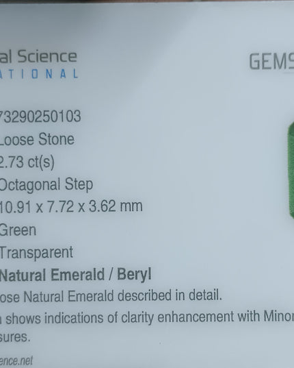 2.73ct GSI USA Certified Medium Deep Green Spring Green Zambian Emerald Minor Oiled Loose Gemstone